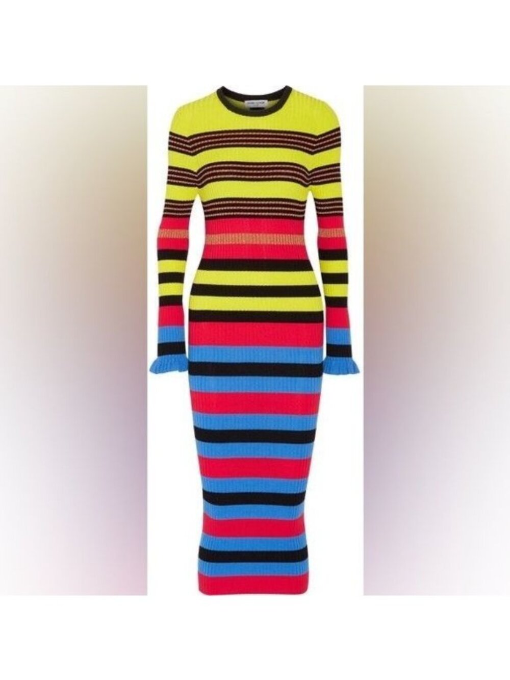 Opening Ceremony Striped Ribbed Knit Midi Dress In Azure Multi Ruffle - Picture 3 of 11